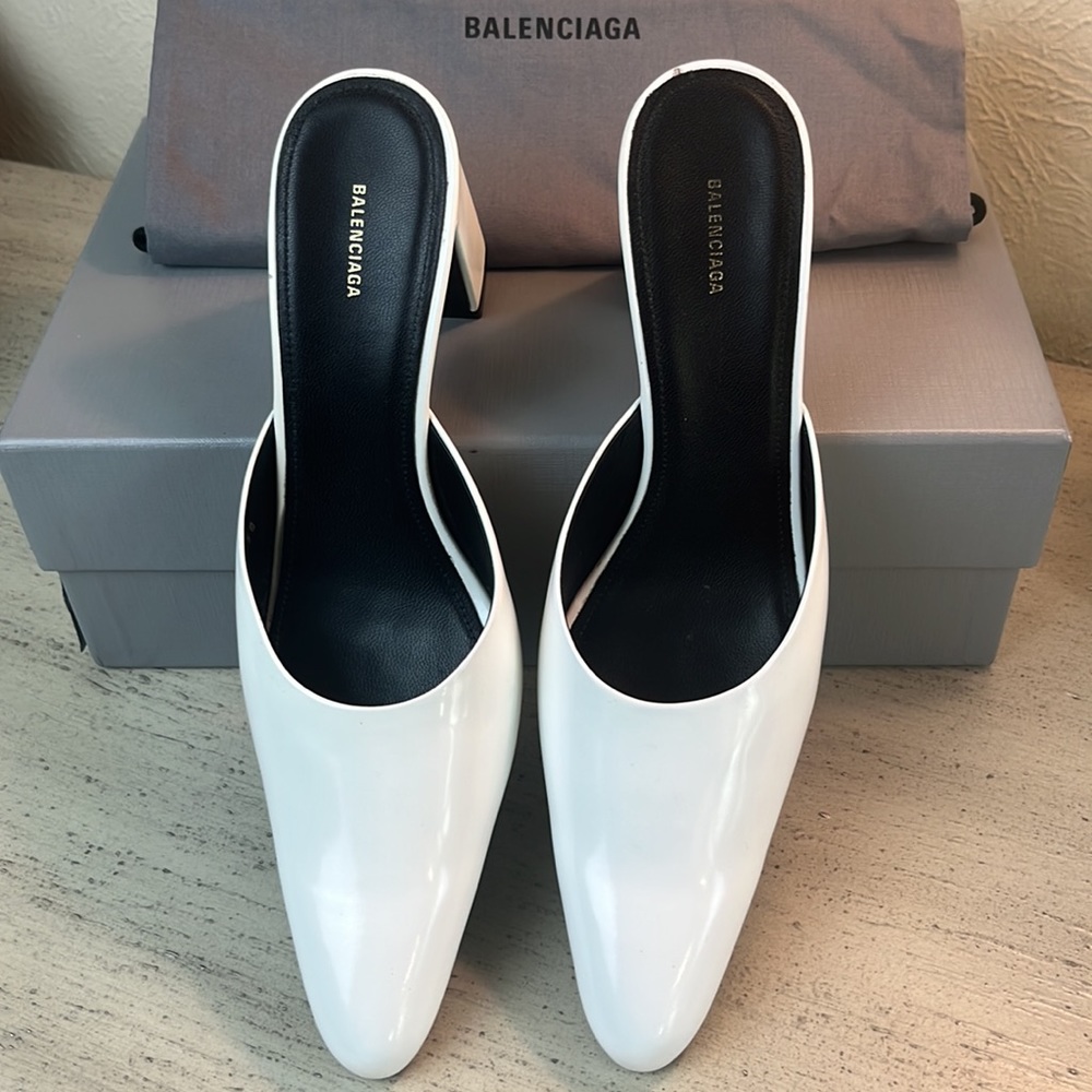 BALENCIAGA 80 MM OPTIC WHITE HEELED MULES, CALF LEATHER, made Italy